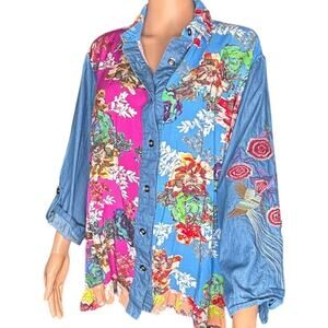 Caleaaa floral embroidered roll tab long sleeve blouse size 2x